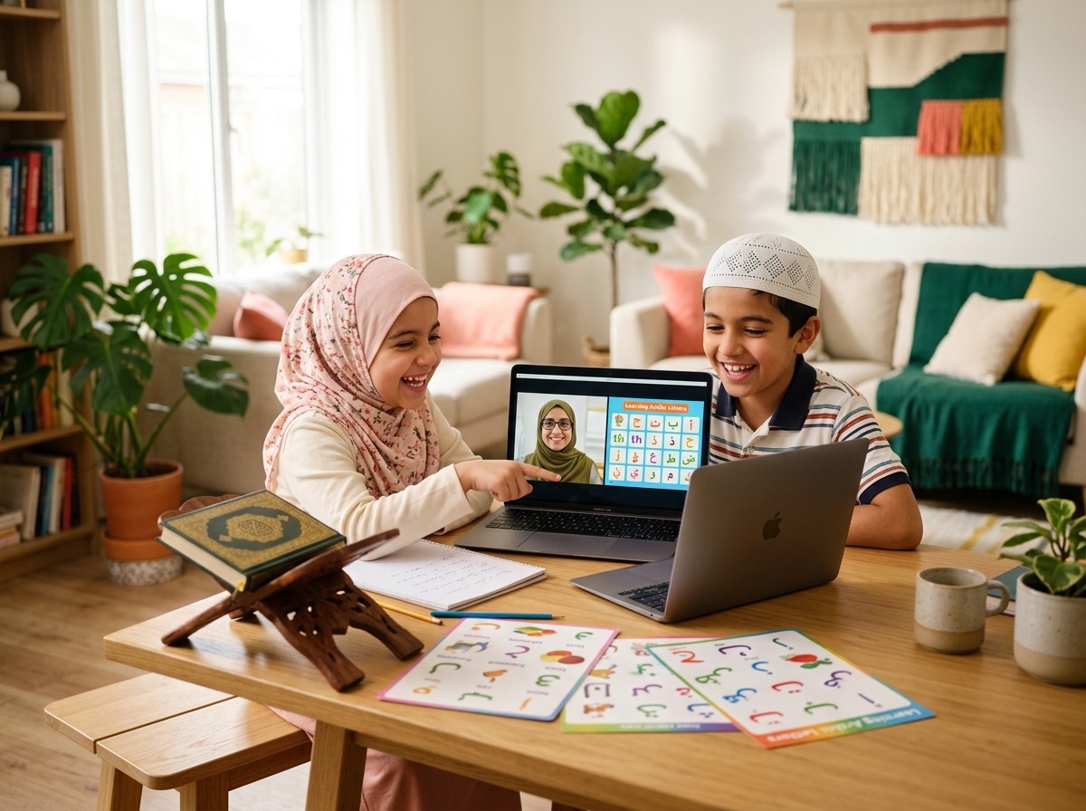 Two happy children learning Arabic letters in an interactive online Quran class